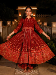 The Mahautsawam Maroon Ethnic Motif Printed Georgette Dress With Thread & Mirror Work-J4751MAROON