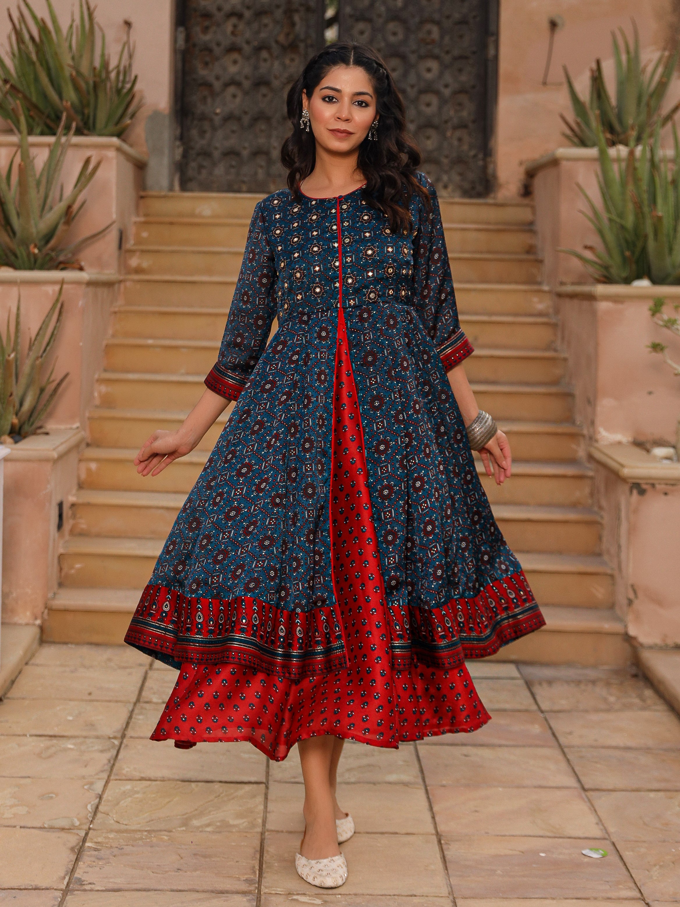 The Patang Blue Ethnic Motif Printed Cotton Dress With Mirror Work | D