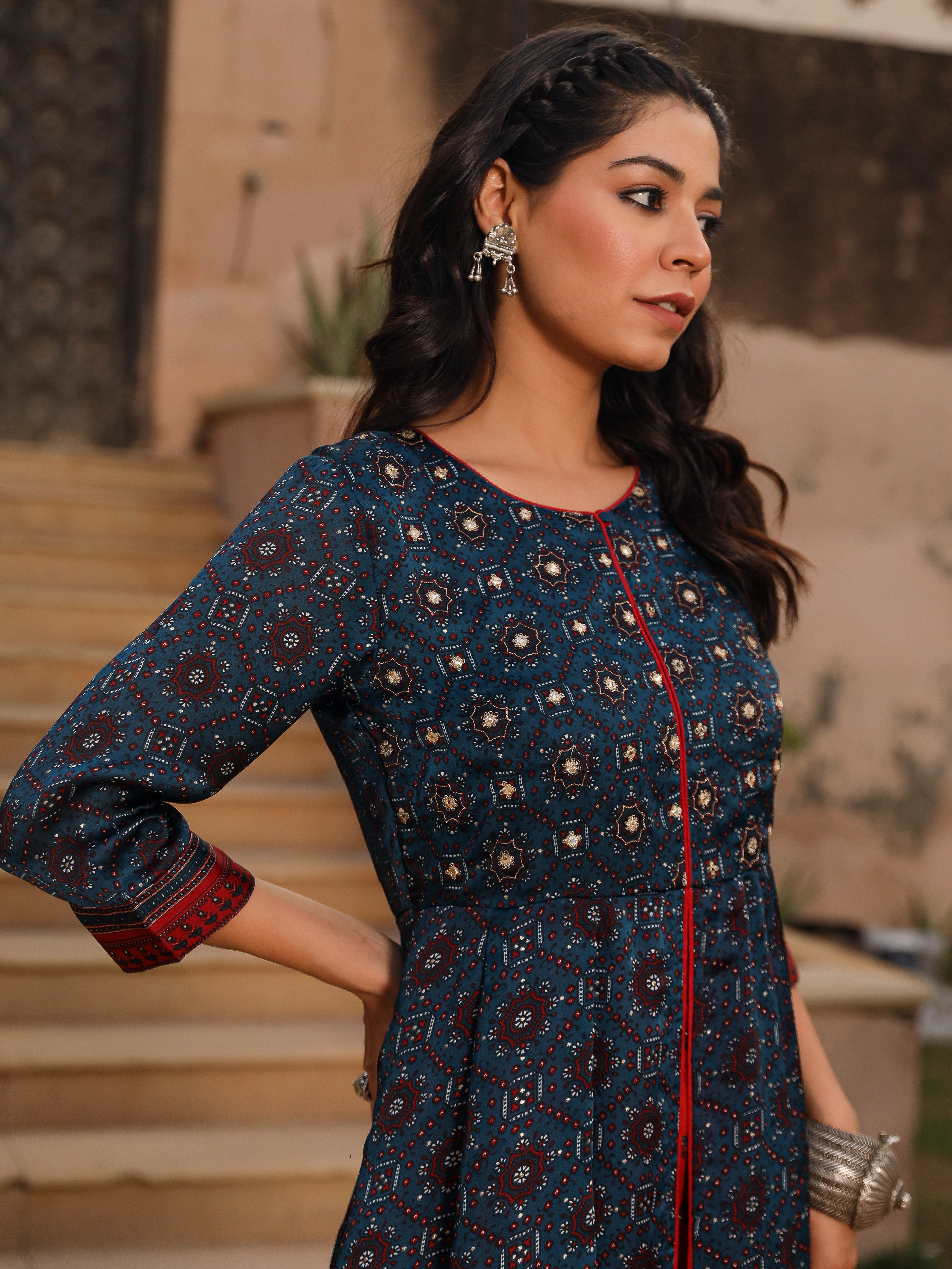 The Patang Blue Ethnic Motif Printed Cotton Dress With Mirror Work | D