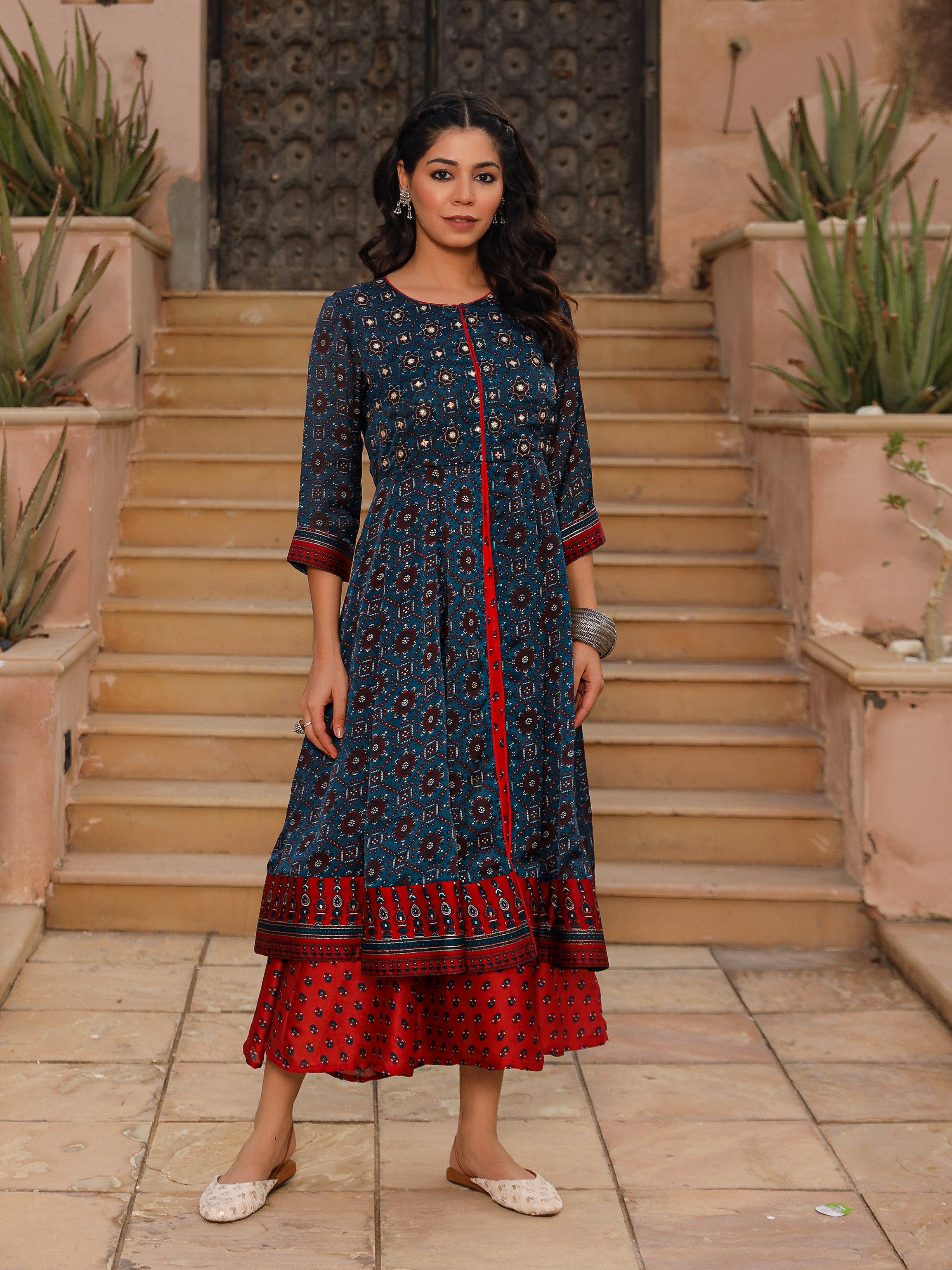 The Patang Blue Ethnic Motif Printed Cotton Dress With Mirror Work | D