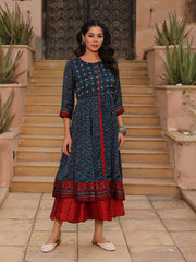 The Patang Blue Ethnic Motif Printed Cotton Dress With Mirror Work