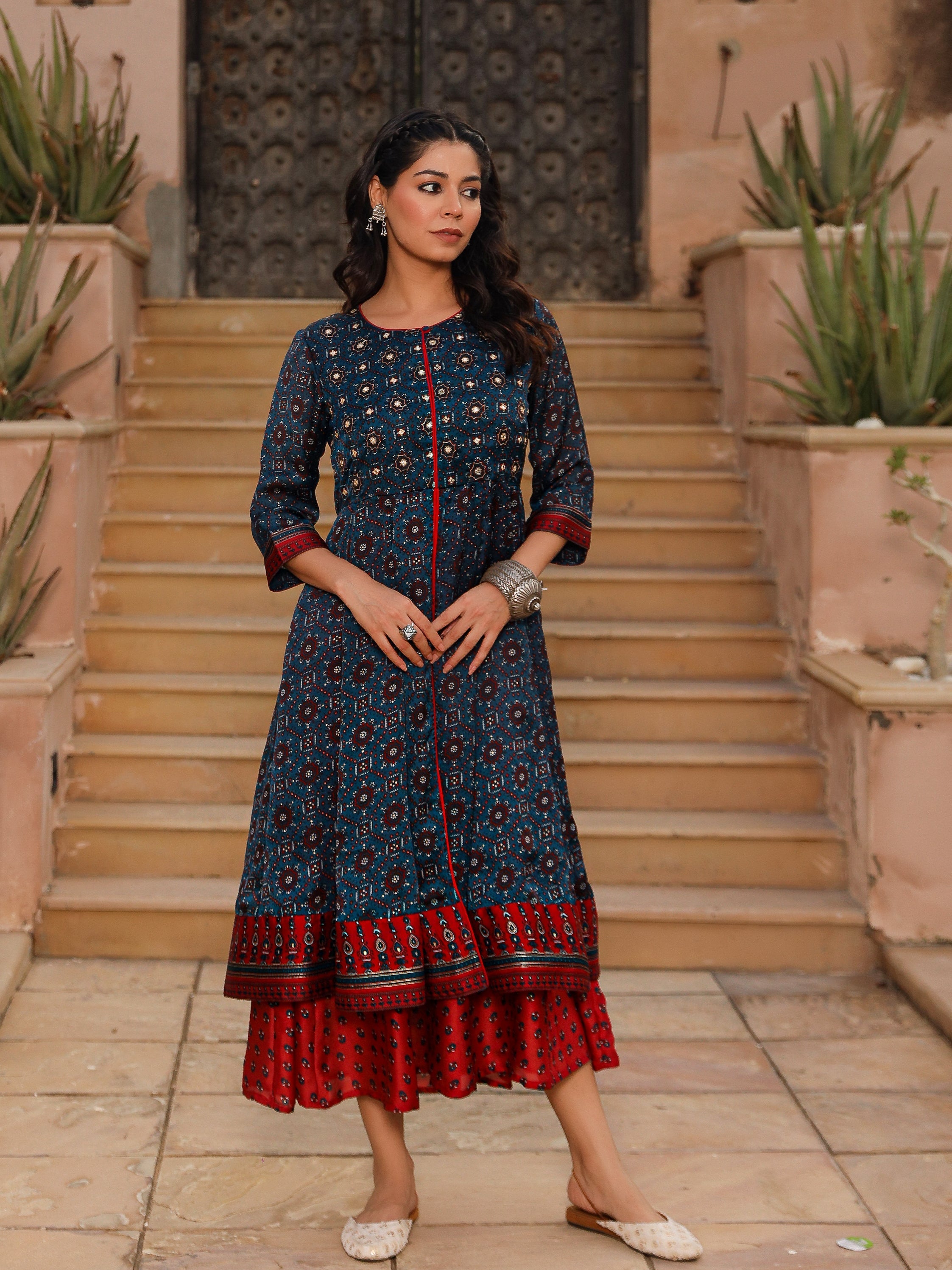 The Patang Blue Ethnic Motif Printed Cotton Dress With Mirror Work | D