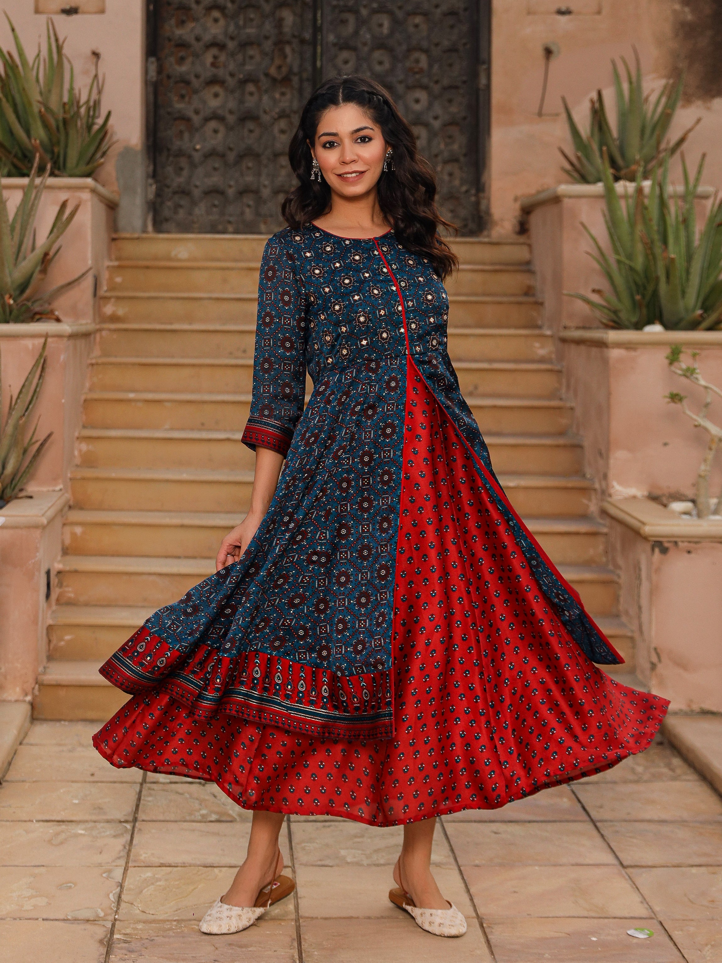 The Patang Blue Ethnic Motif Printed Cotton Dress With Mirror Work | D
