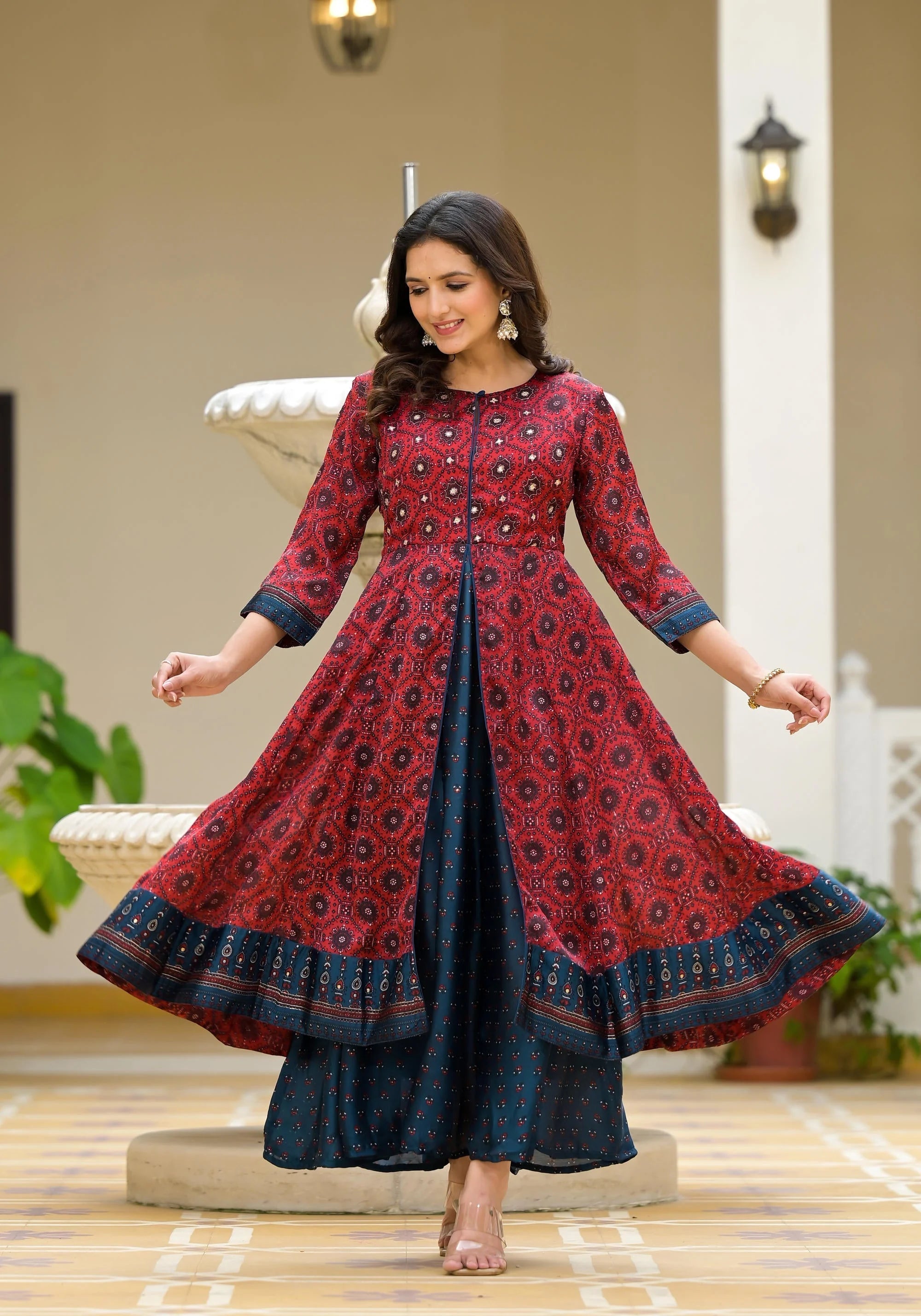 Red Ethnic Print Cotton Maxi Dress | Indian Dresses Online