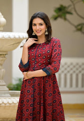 Red Ethnic Motif Printed Cotton Maxi Dress With Button-J4752RED