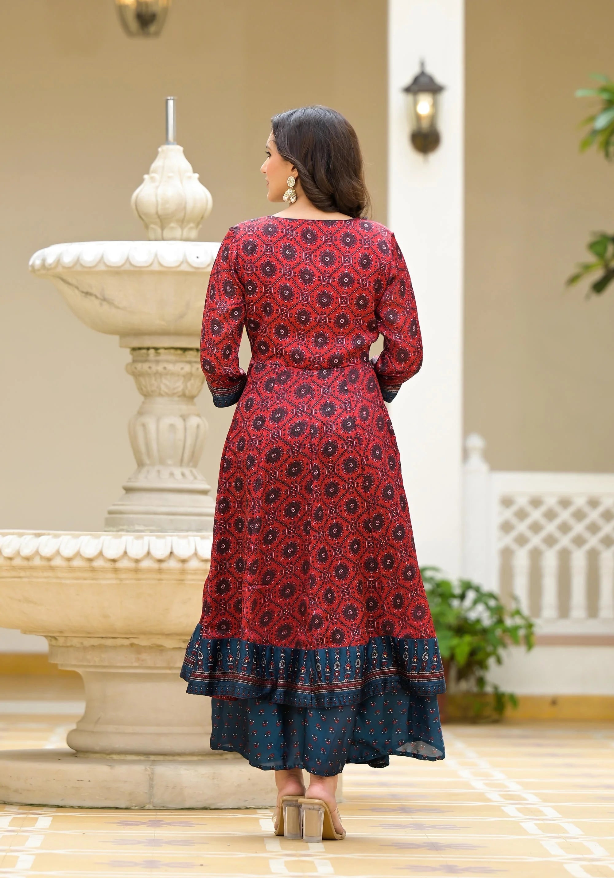 Red Ethnic Print Cotton Maxi Dress | Indian Dresses Online