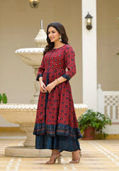 Red Ethnic Motif Printed Cotton Maxi Dress With Button-J4752RED