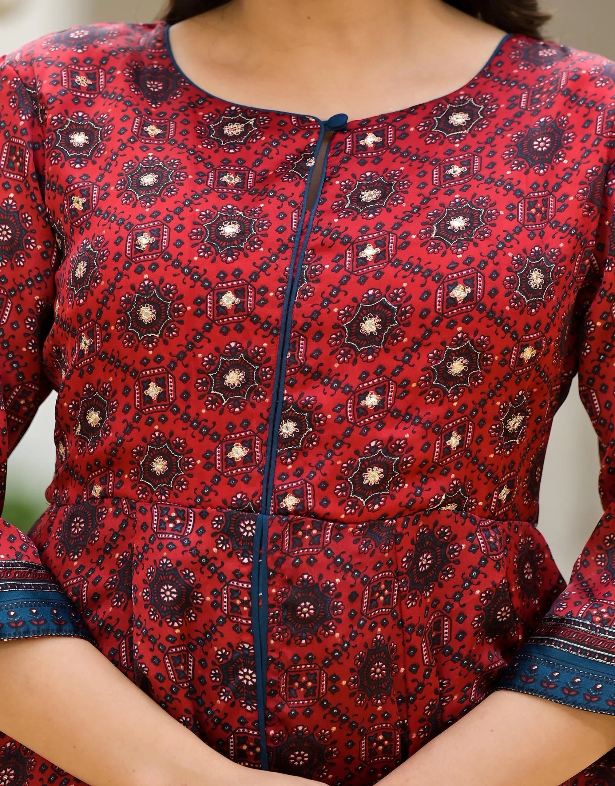 Red Ethnic Print Cotton Maxi Dress | Indian Dresses Online