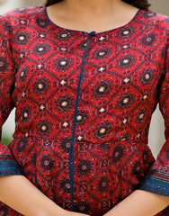 Red Ethnic Motif Printed Cotton Maxi Dress With Button-J4752RED