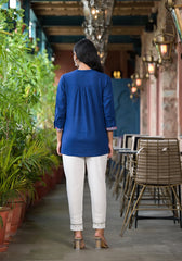 Blue Solid Cotton Short Tunic With Thread & Mirror Work-J4761BLUE