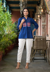 Blue Solid Cotton Short Tunic With Thread & Mirror Work-J4761BLUE