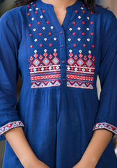 Blue Solid Cotton Short Tunic With Thread & Mirror Work-J4761BLUE