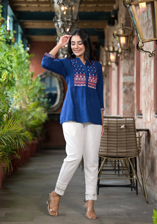 Blue Solid Cotton Short Tunic With Thread & Mirror Work-J4761BLUE 3420