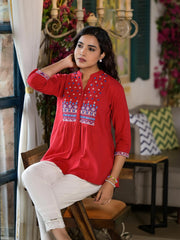 Red Thread Embroidered Cotton Tunic With Mirror work & Buttons-J4761RED