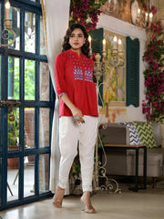 Red Thread Embroidered Cotton Tunic With Mirror work & Buttons-J4761RED