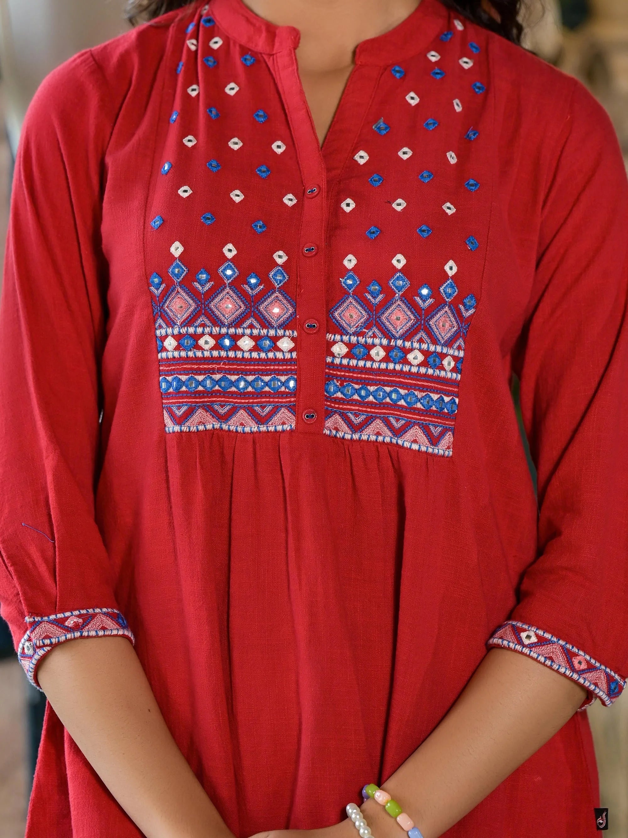 Red Embroidered Tunic Top: Indian Kurta Ladies with Mirror Work