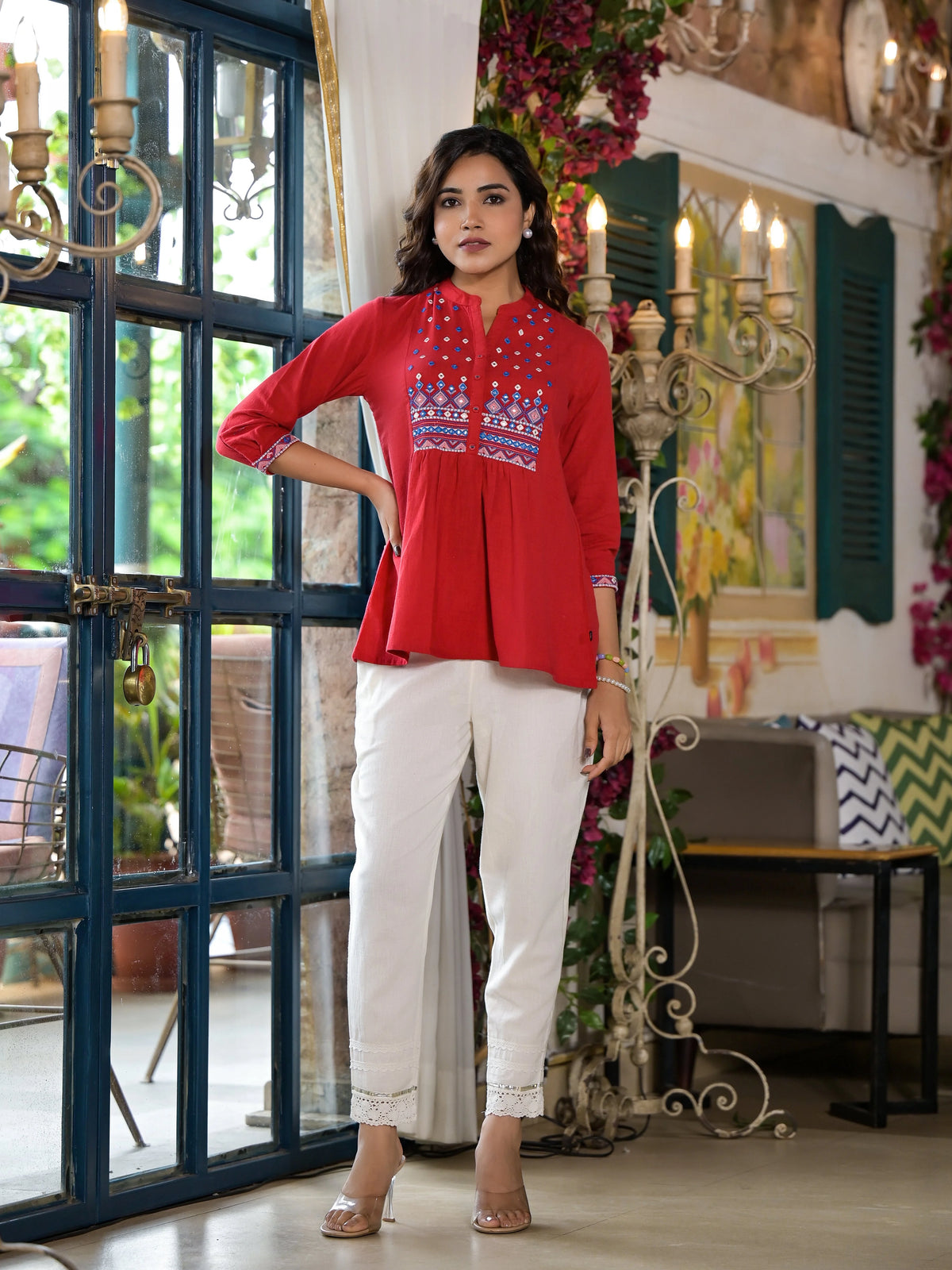Red Thread Embroidered Cotton Tunic With Mirror work & Buttons-J4761RED