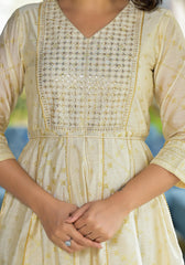 Ivory  Ethnic Motif Printed Chanderi Kurta With Zari & Gota Patti Work