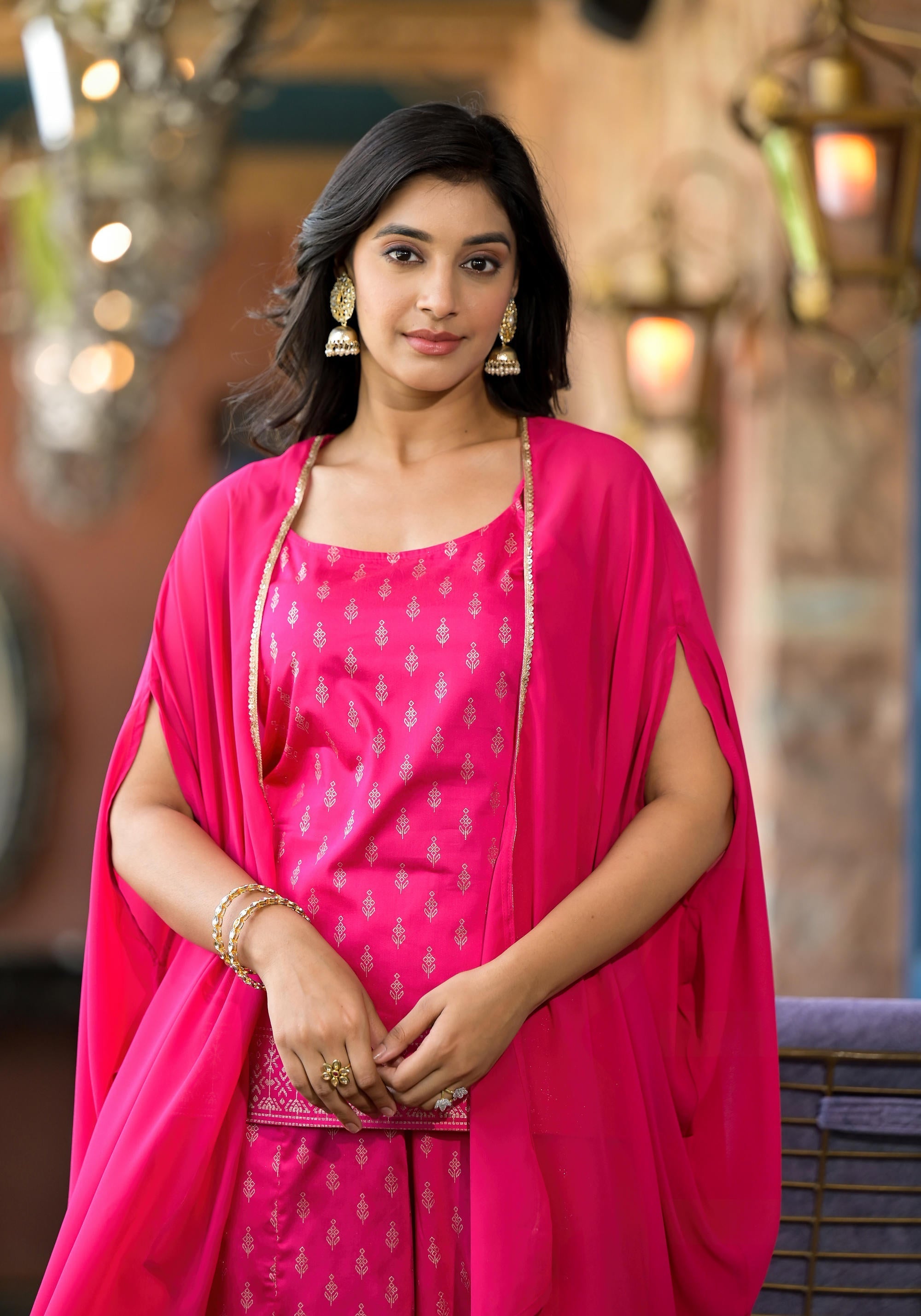 Fuchsia Ethnic Motif Printed Georgette Shrug Inner & Pant Set With Seq
