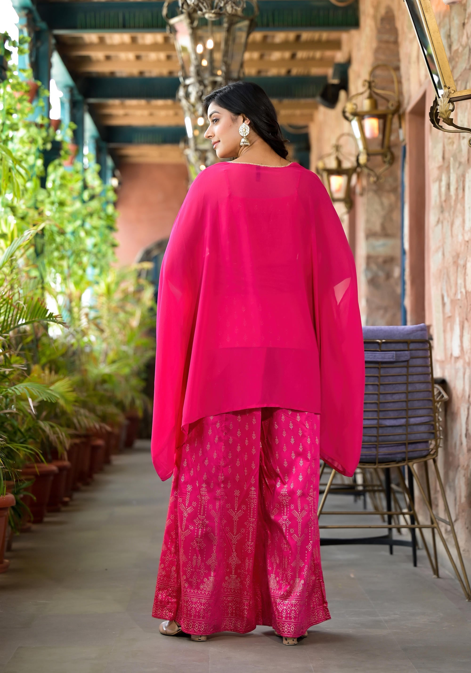 Fuchsia Ethnic Motif Printed Georgette Shrug Inner & Pant Set With Seq