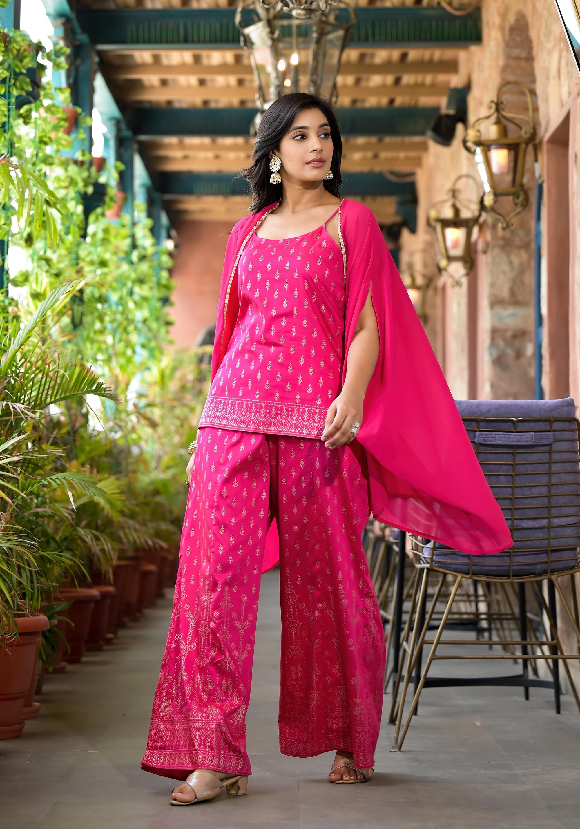 Fuchsia Ethnic Motif Printed Georgette Shrug Inner & Pant Set With Seq