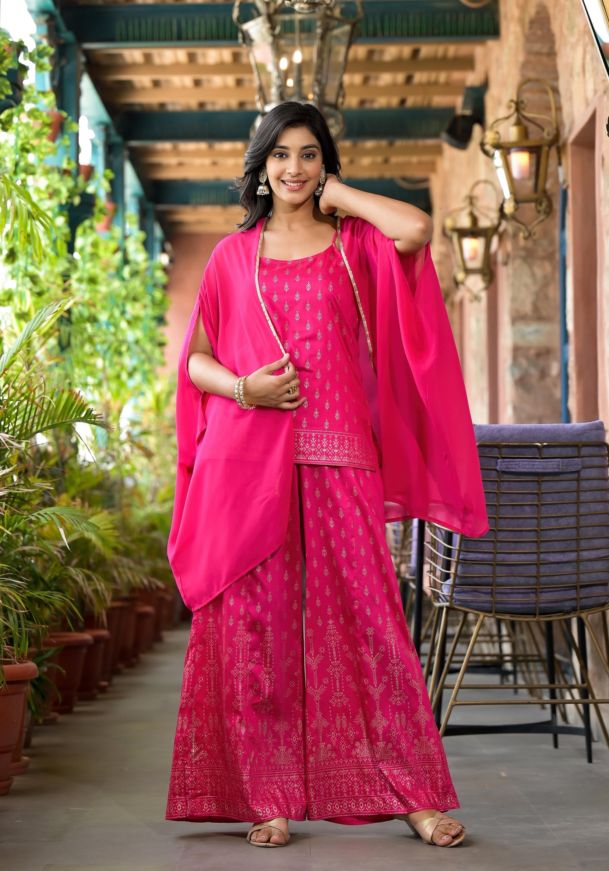 Fuchsia Ethnic Motif Printed Georgette Shrug Inner & Pant Set With Seq