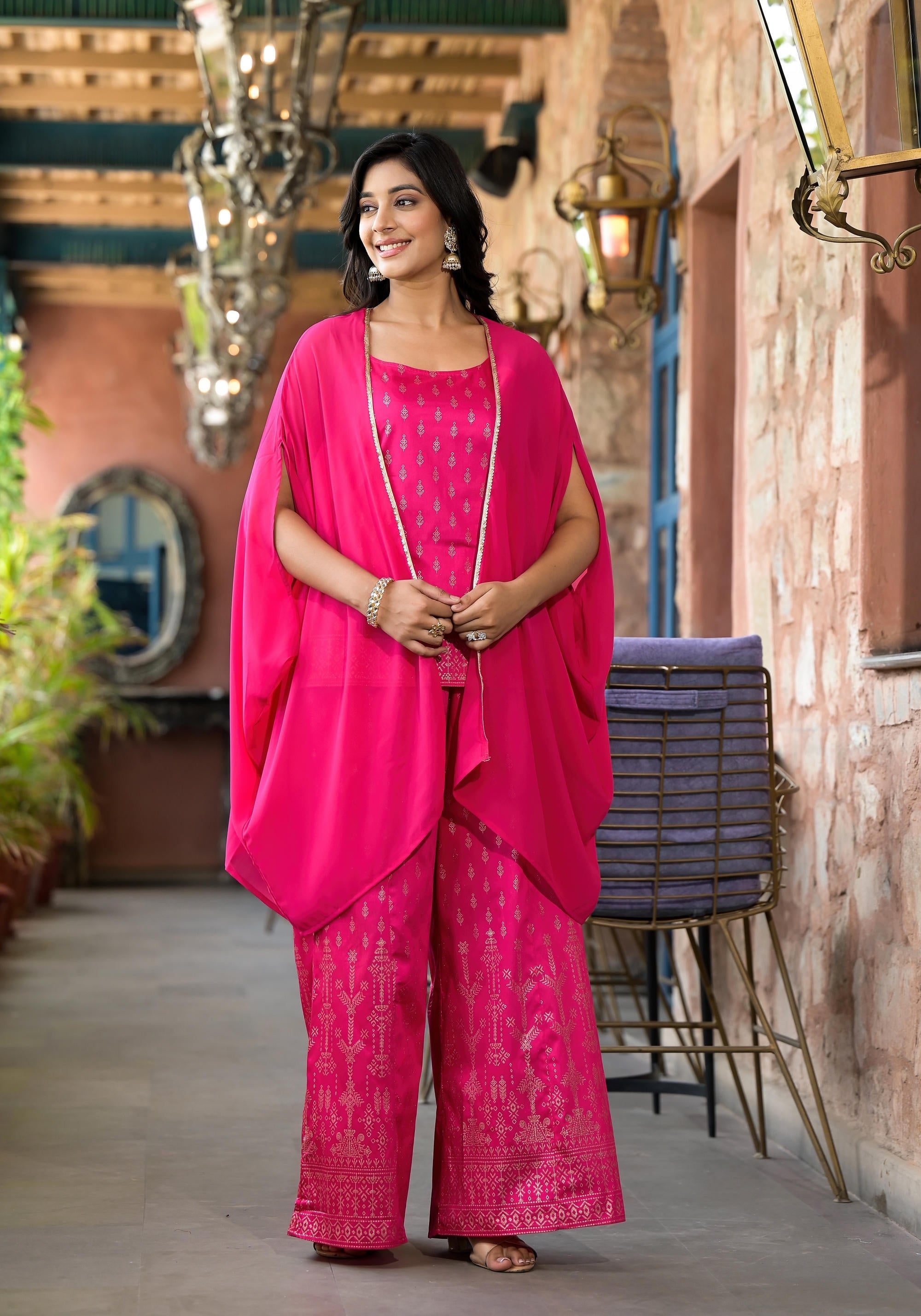 Fuchsia Ethnic Motif Printed Georgette Shrug Inner & Pant Set With Seq