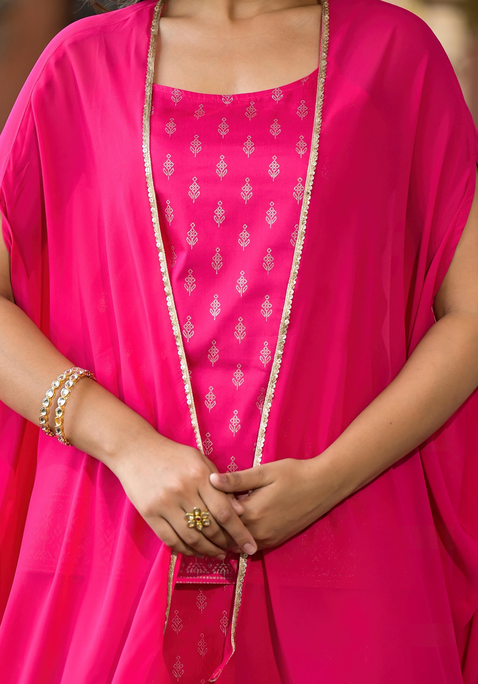 Fuchsia Ethnic Motif Printed Georgette Shrug Inner & Pant Set With Seq