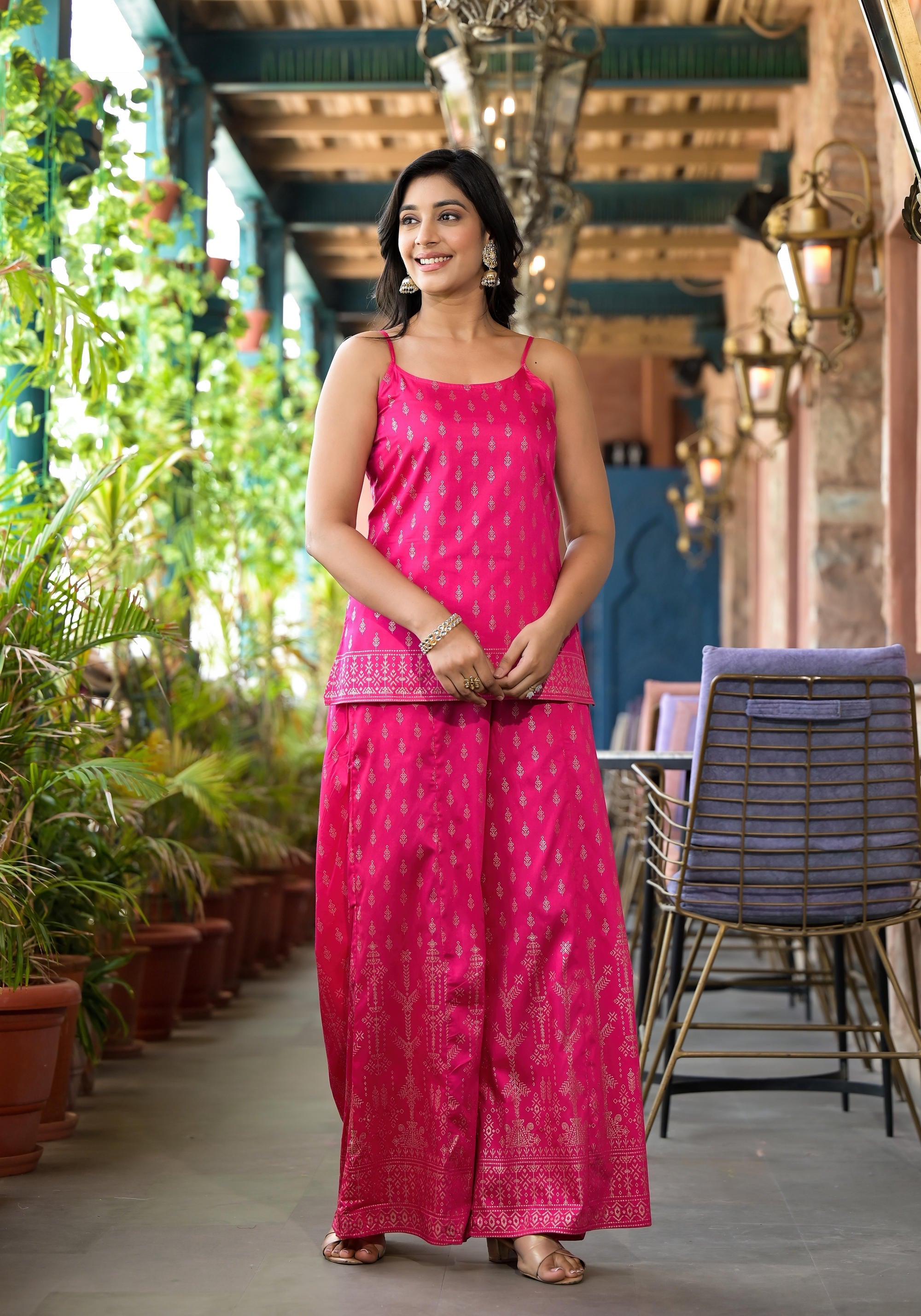 Fuchsia Ethnic Motif Printed Georgette Shrug Inner & Pant Set With Seq