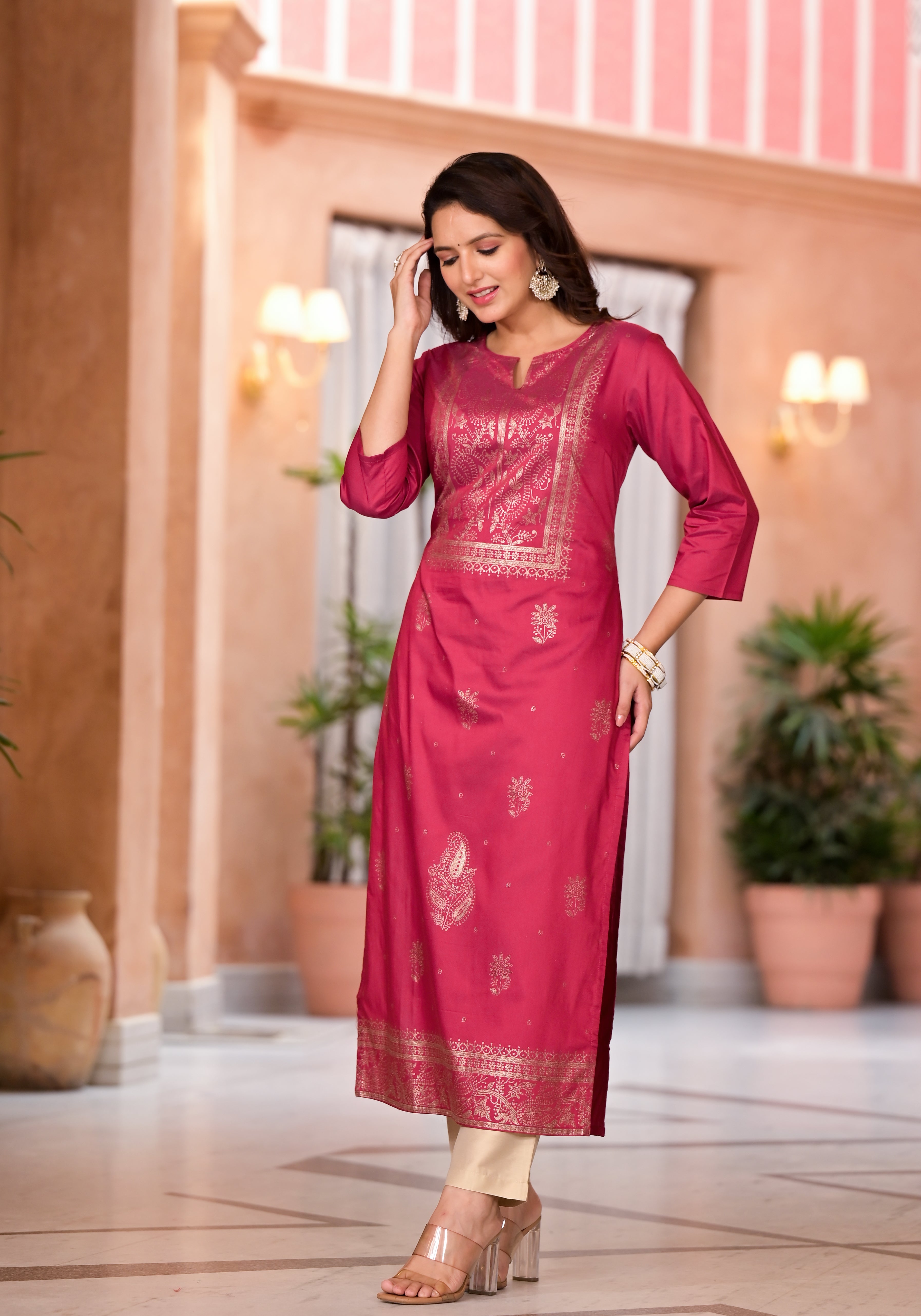 Maroon Ethnic Motif Printed Cotton Kurta | DesiQlo