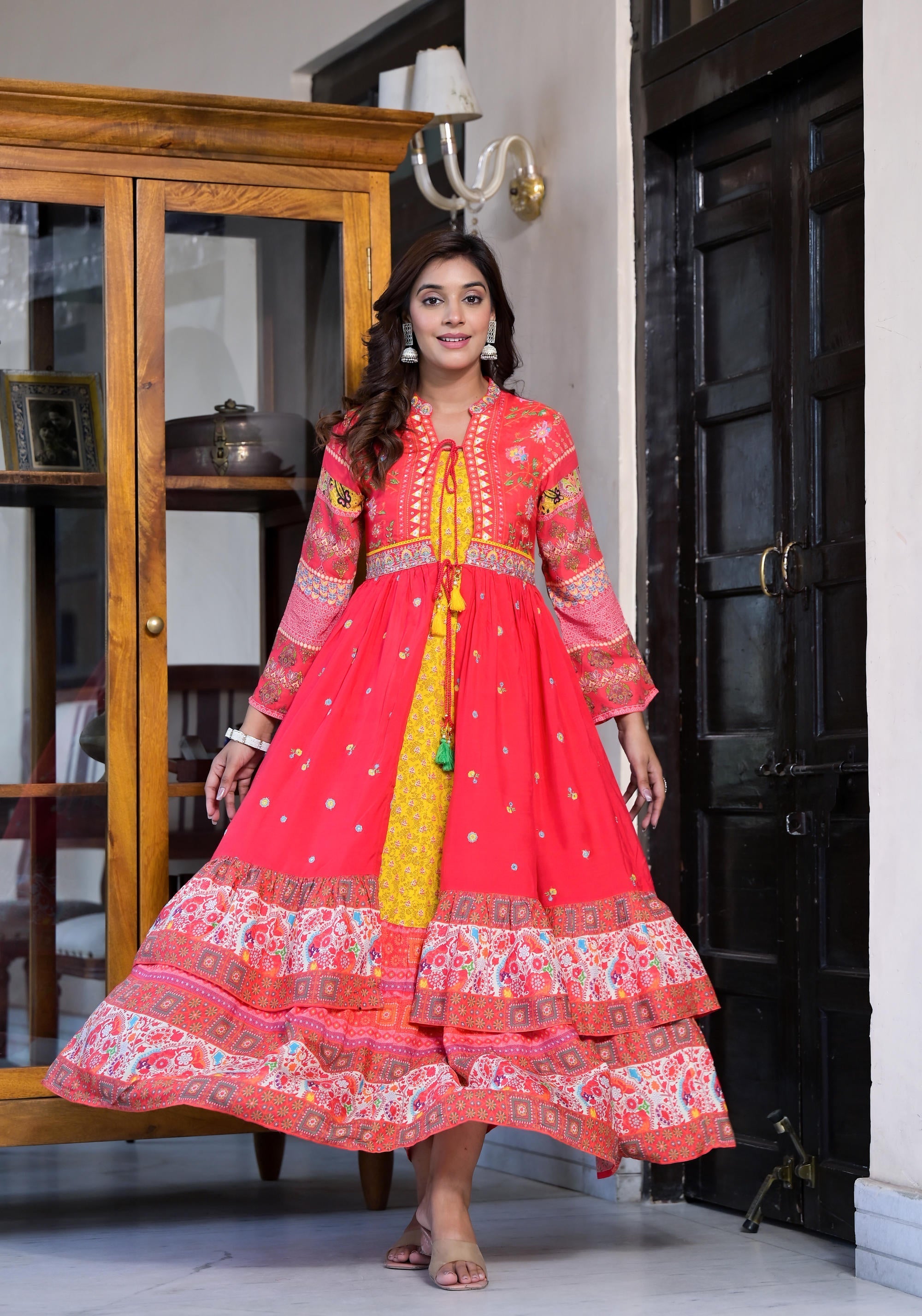 Red Floral Printed Muslin Maxi Dress With Sequins &Mirror Work And Dor