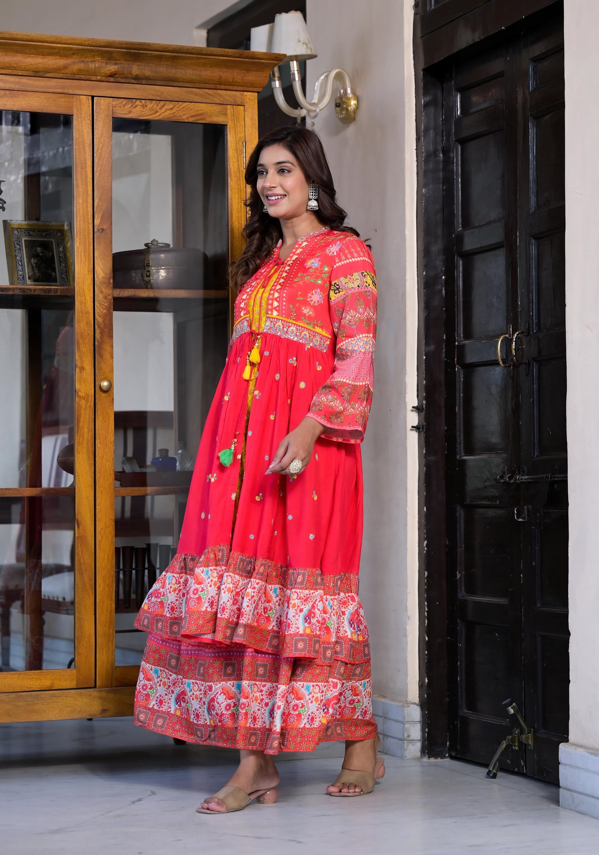 Red Floral Printed Muslin Maxi Dress With Sequins &Mirror Work And Dor