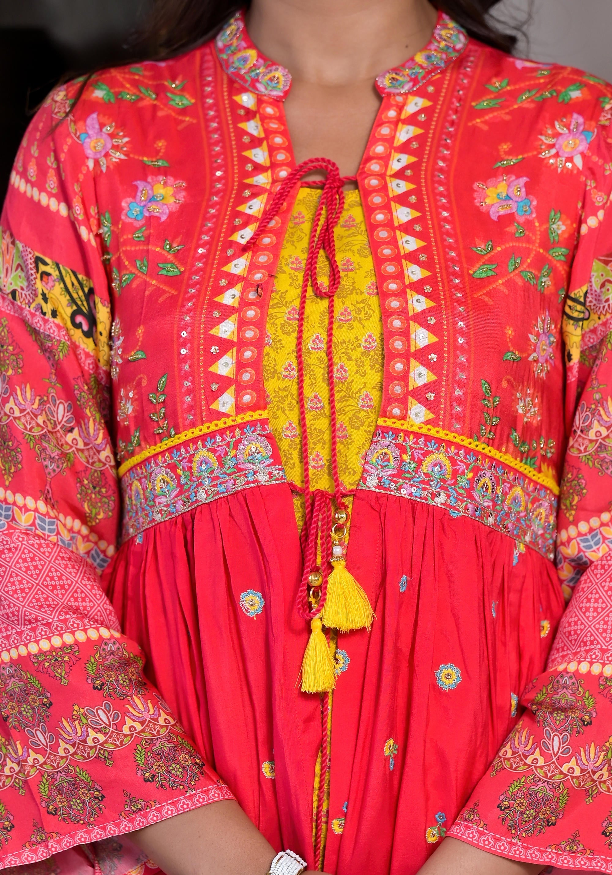 Red Floral Printed Muslin Maxi Dress With Sequins &Mirror Work And Dor
