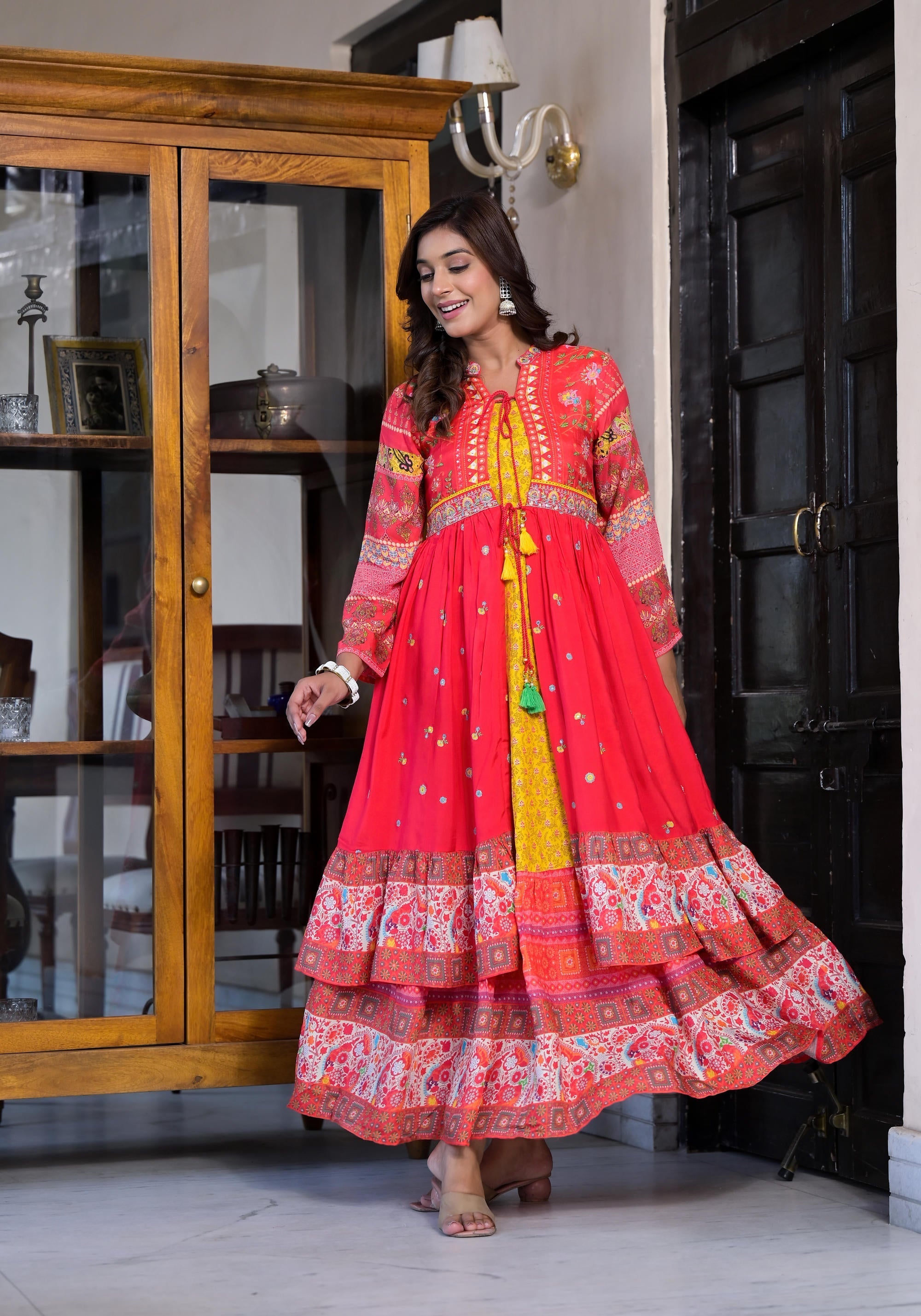 Red Floral Printed Muslin Maxi Dress With Sequins &Mirror Work And Dor