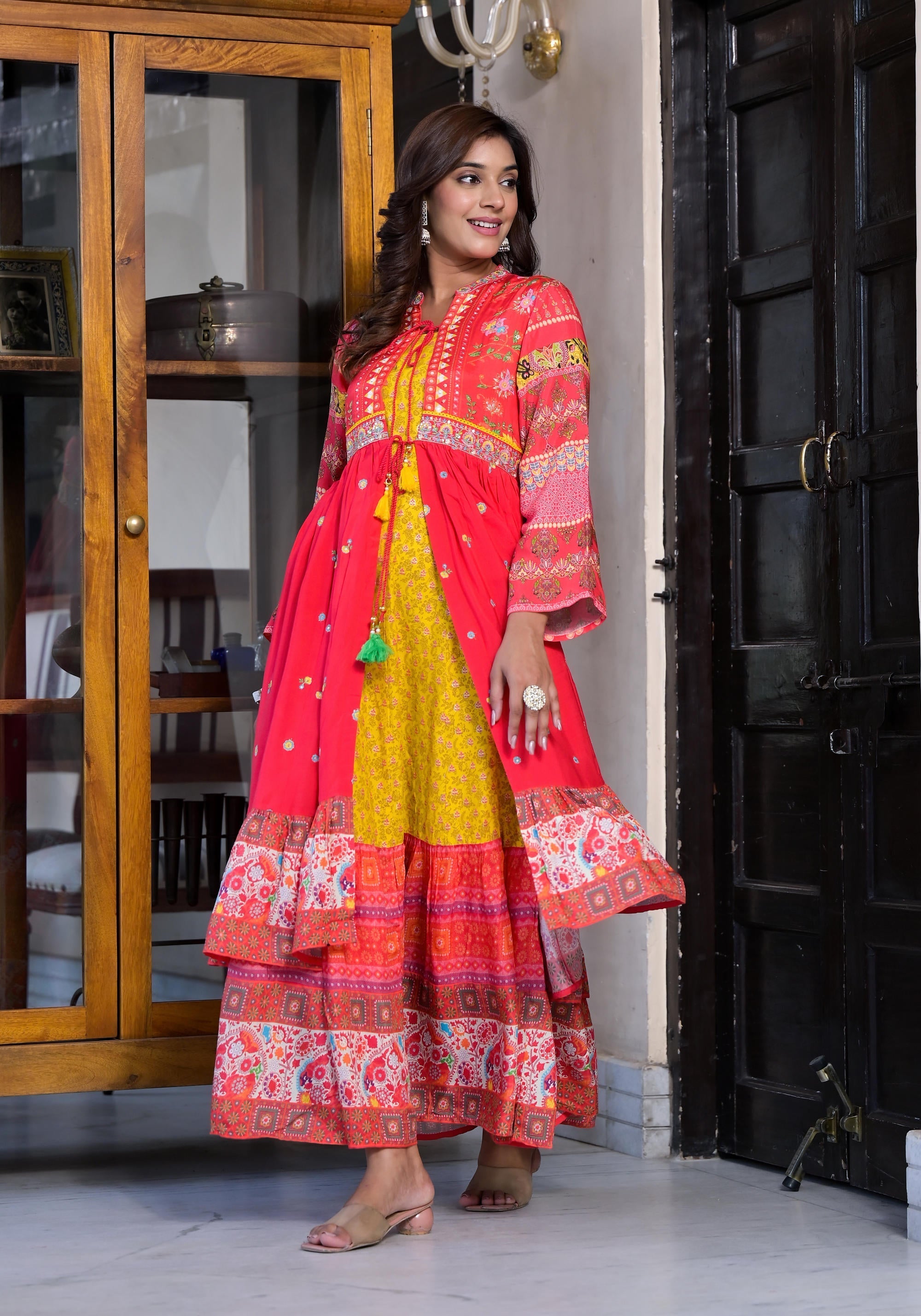 Red Floral Printed Muslin Maxi Dress With Sequins &Mirror Work And Dor