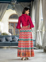 Multi Ethnic Motif Printed Cotton Crop Top And Skirt With Lace & Button Detail-J4779MULTI