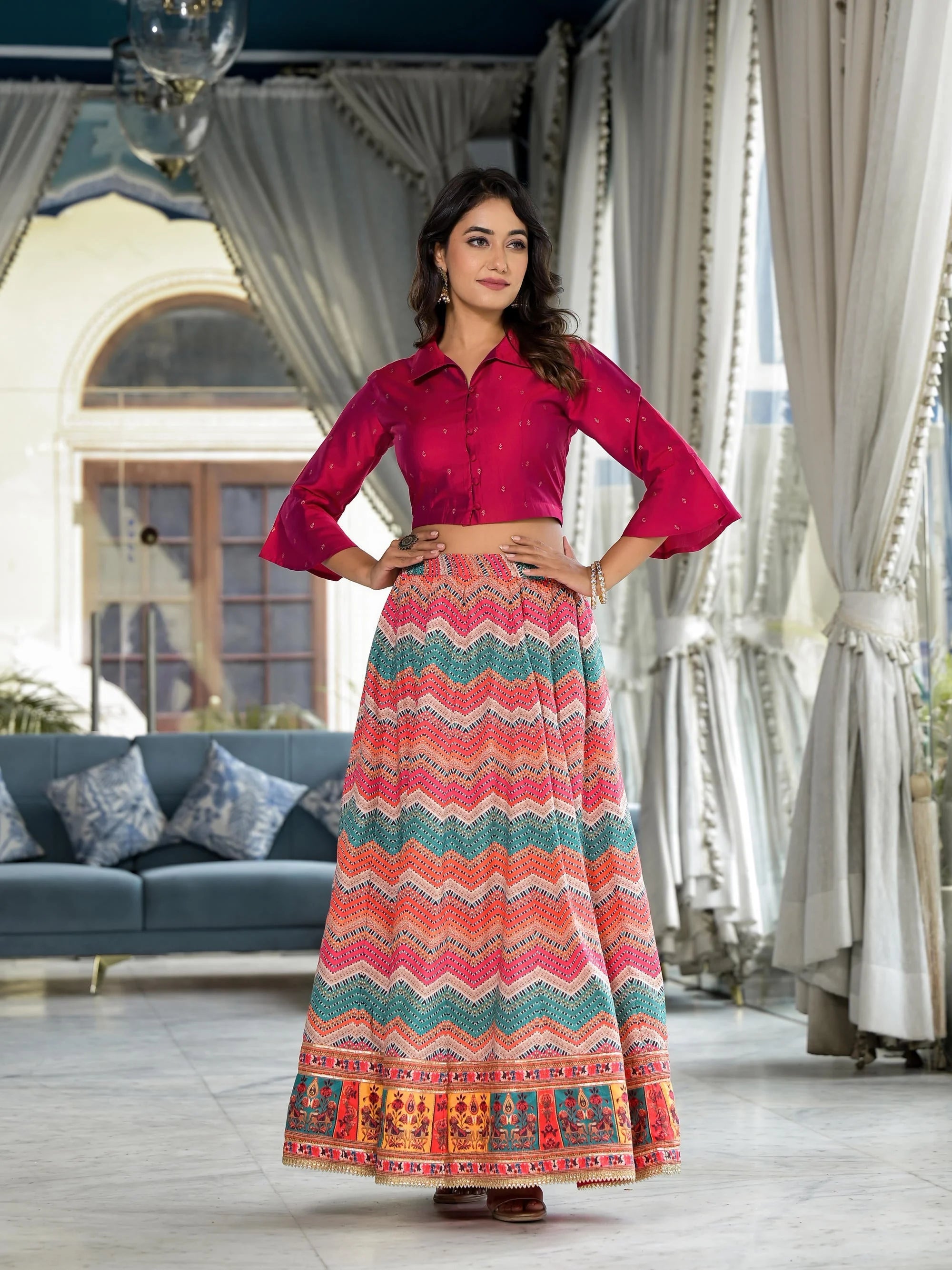 Ethnic Printed Crop Top Skirt - Designer Lehenga Choli for Women