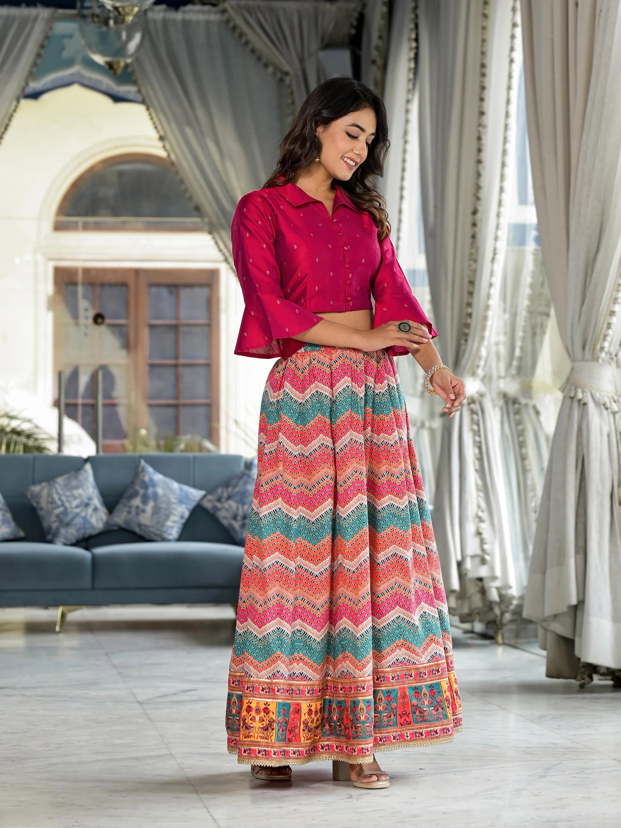Ethnic Printed Crop Top Skirt - Designer Lehenga Choli for Women