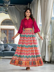 Multi Ethnic Motif Printed Cotton Crop Top And Skirt With Lace & Button Detail-J4779MULTI