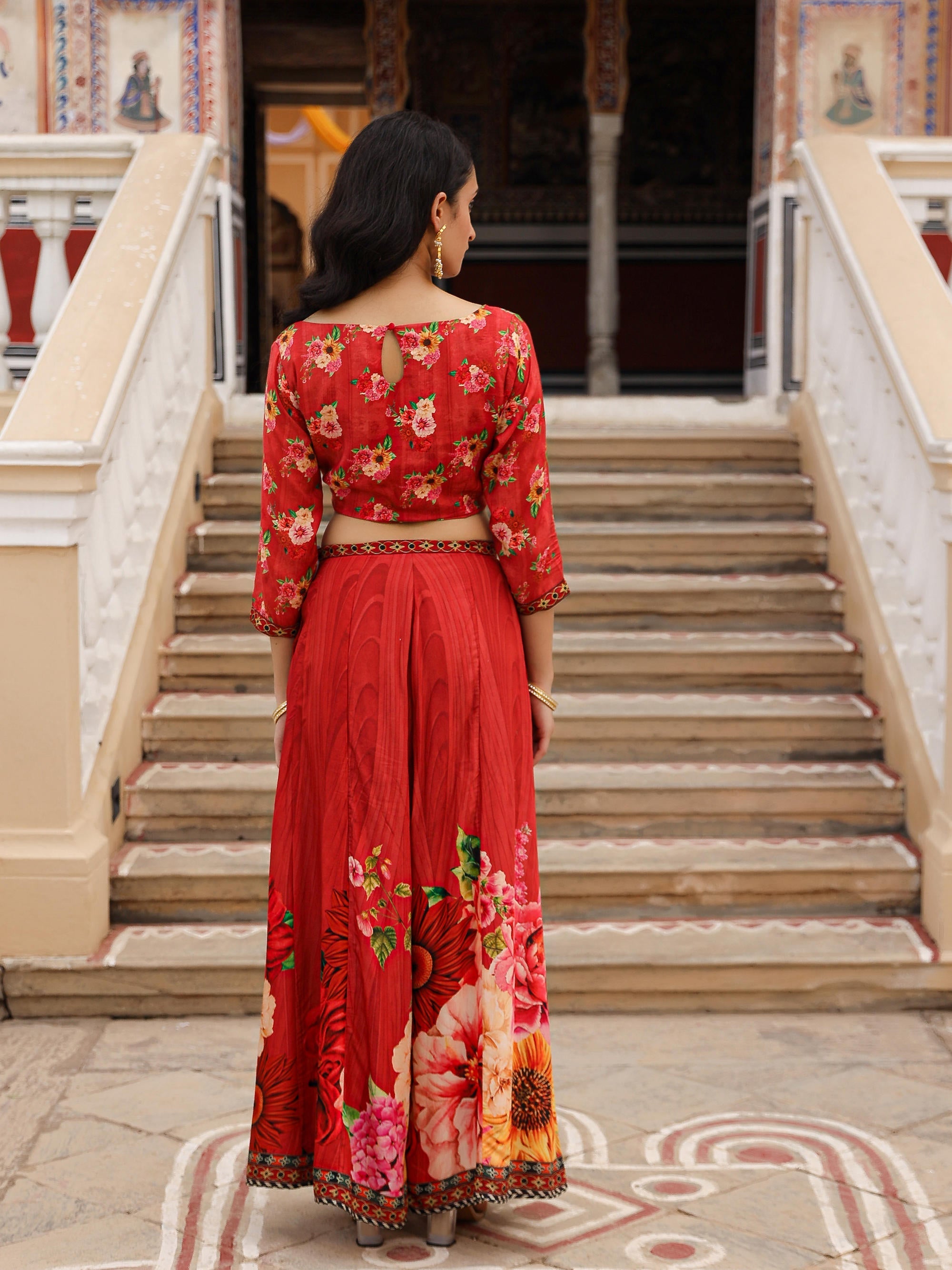 The Adah Rust Floral Printed Viscose Top & Skirt Set With Sequins & Th