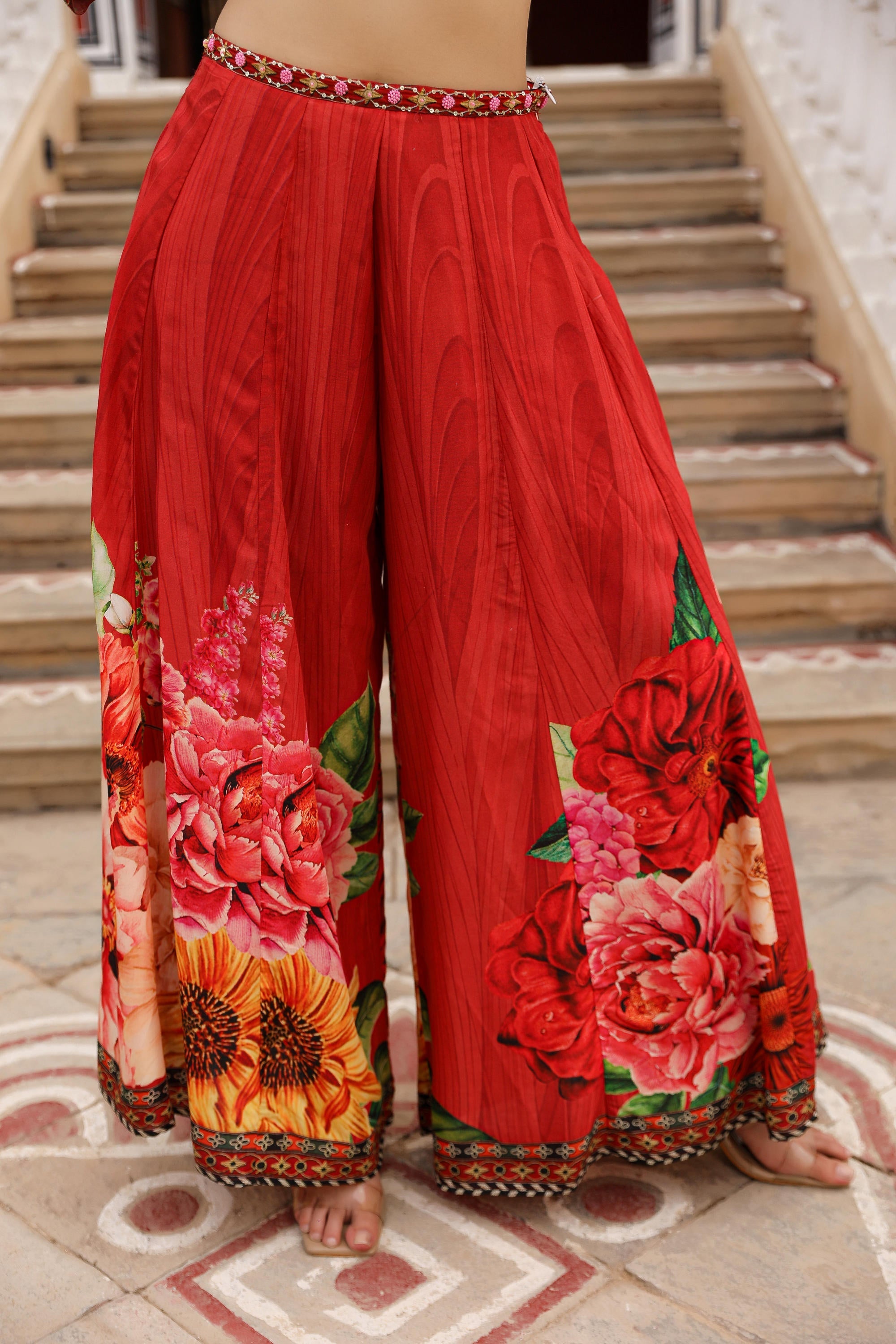 The Adah Rust Floral Printed Viscose Top & Skirt Set With Sequins & Th