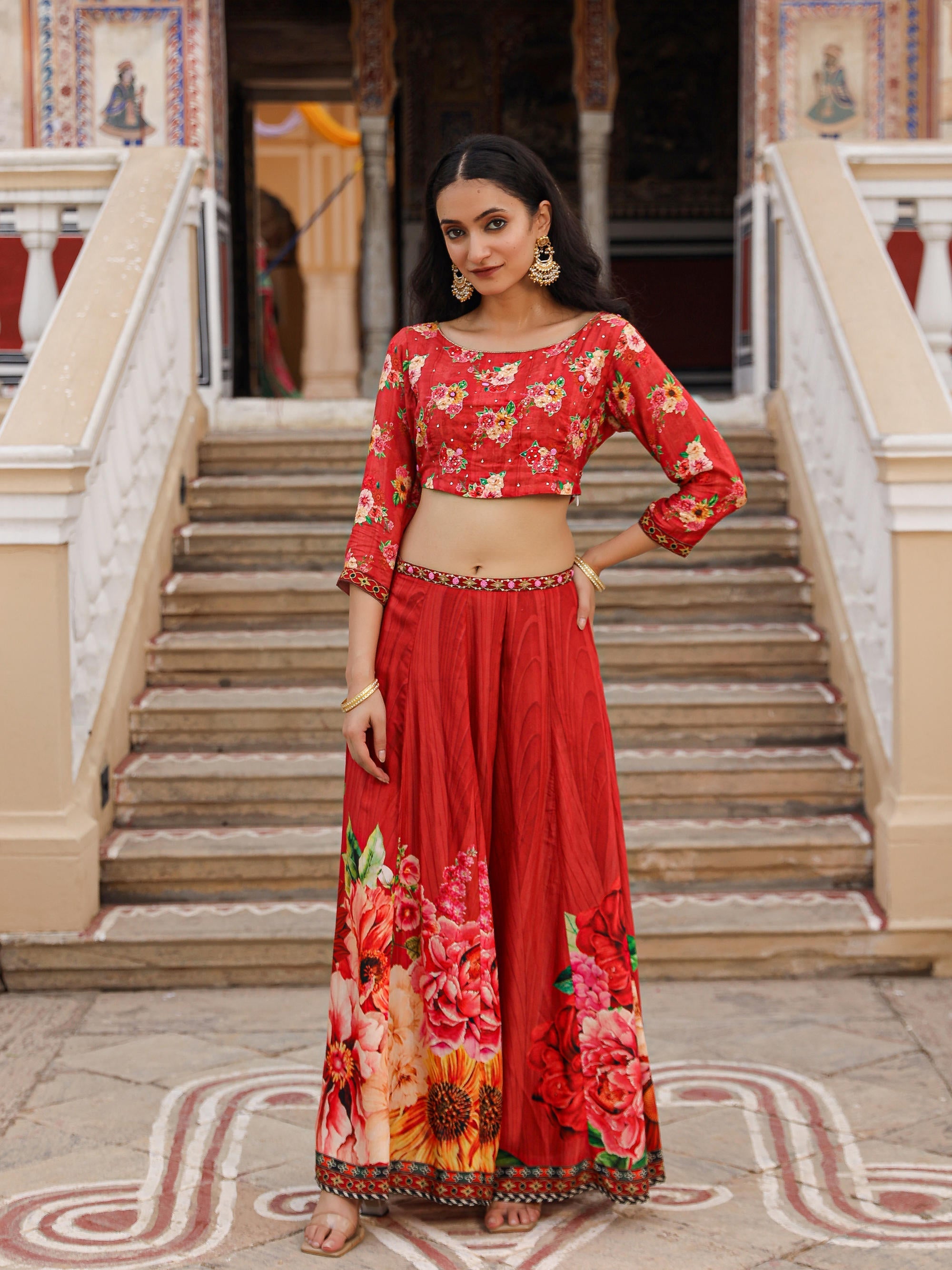 The Adah Rust Floral Printed Viscose Top & Skirt Set With Sequins & Th