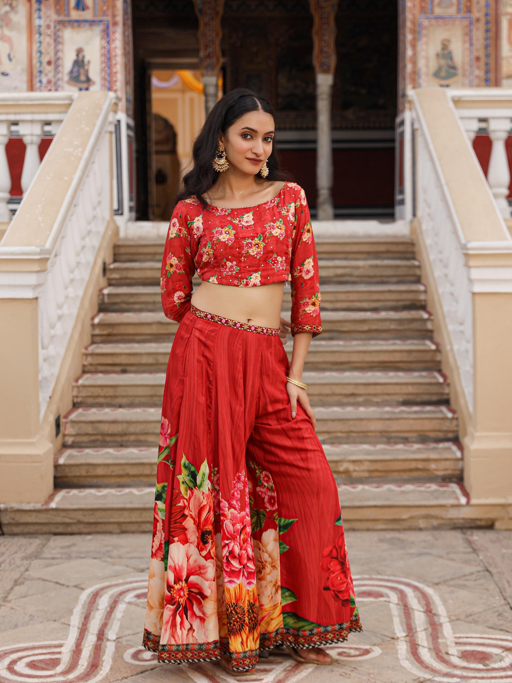 The Adah Rust Floral Printed Viscose Top & Skirt Set With Sequins & Th