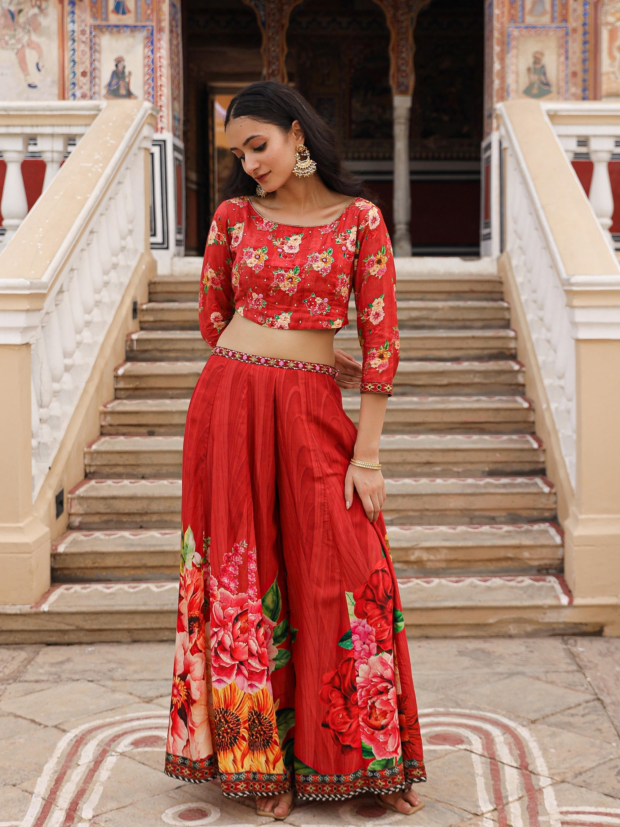 The Adah Rust Floral Printed Viscose Top & Skirt Set With Sequins & Th