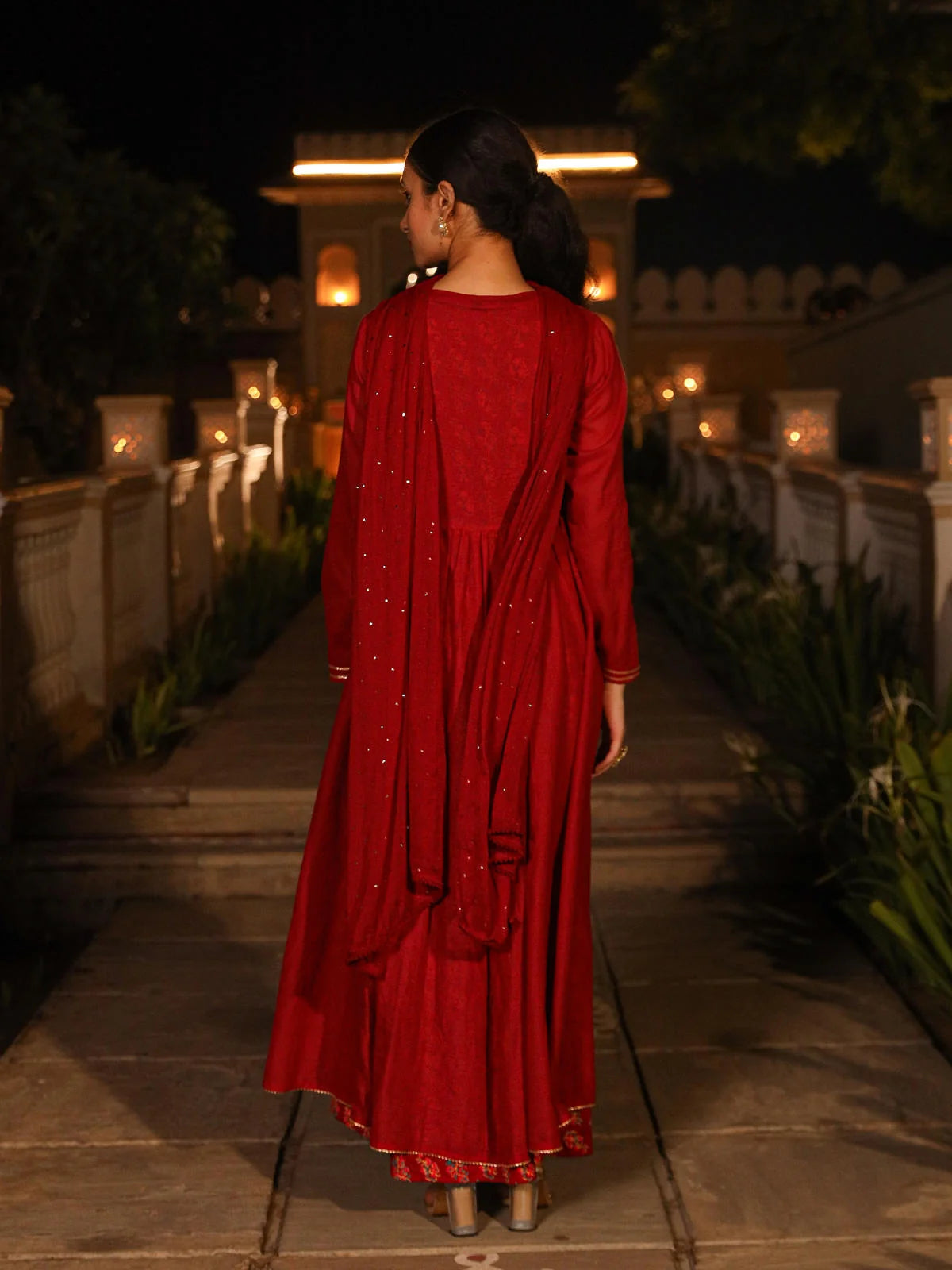 Maroon Printed Indian Suit Set with Shrug & Dupatta