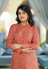 Orange Ethnic Motif Printed Viscose Tunic With Buttons Detailing-J4786ORANGE