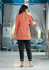 Orange Ethnic Motif Printed Viscose Tunic With Buttons Detailing-J4786ORANGE