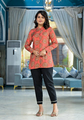 Orange Ethnic Motif Printed Viscose Tunic With Buttons Detailing-J4786ORANGE