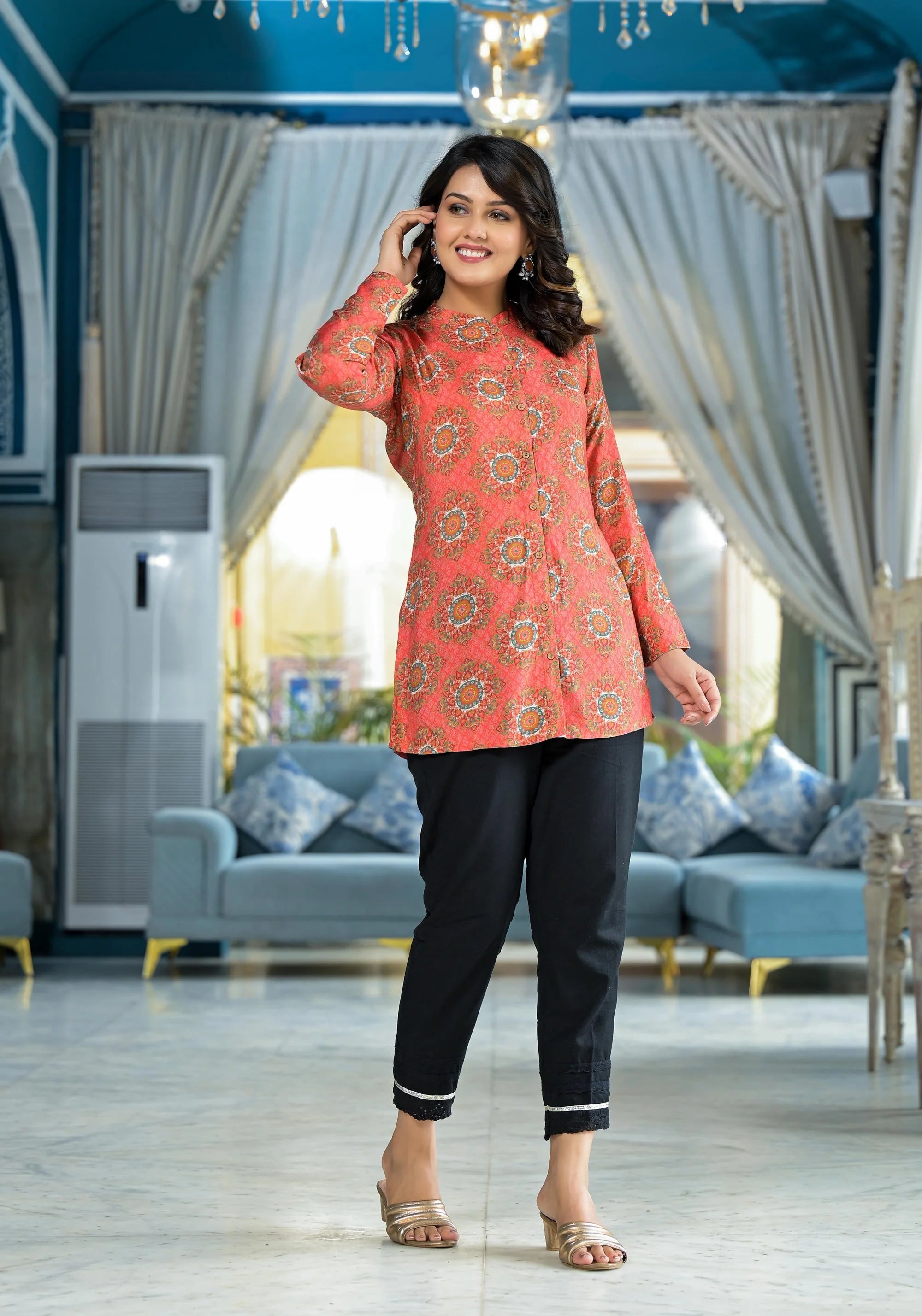 Orange Ethnic Printed Tunic Top - Indian Kurta for Women