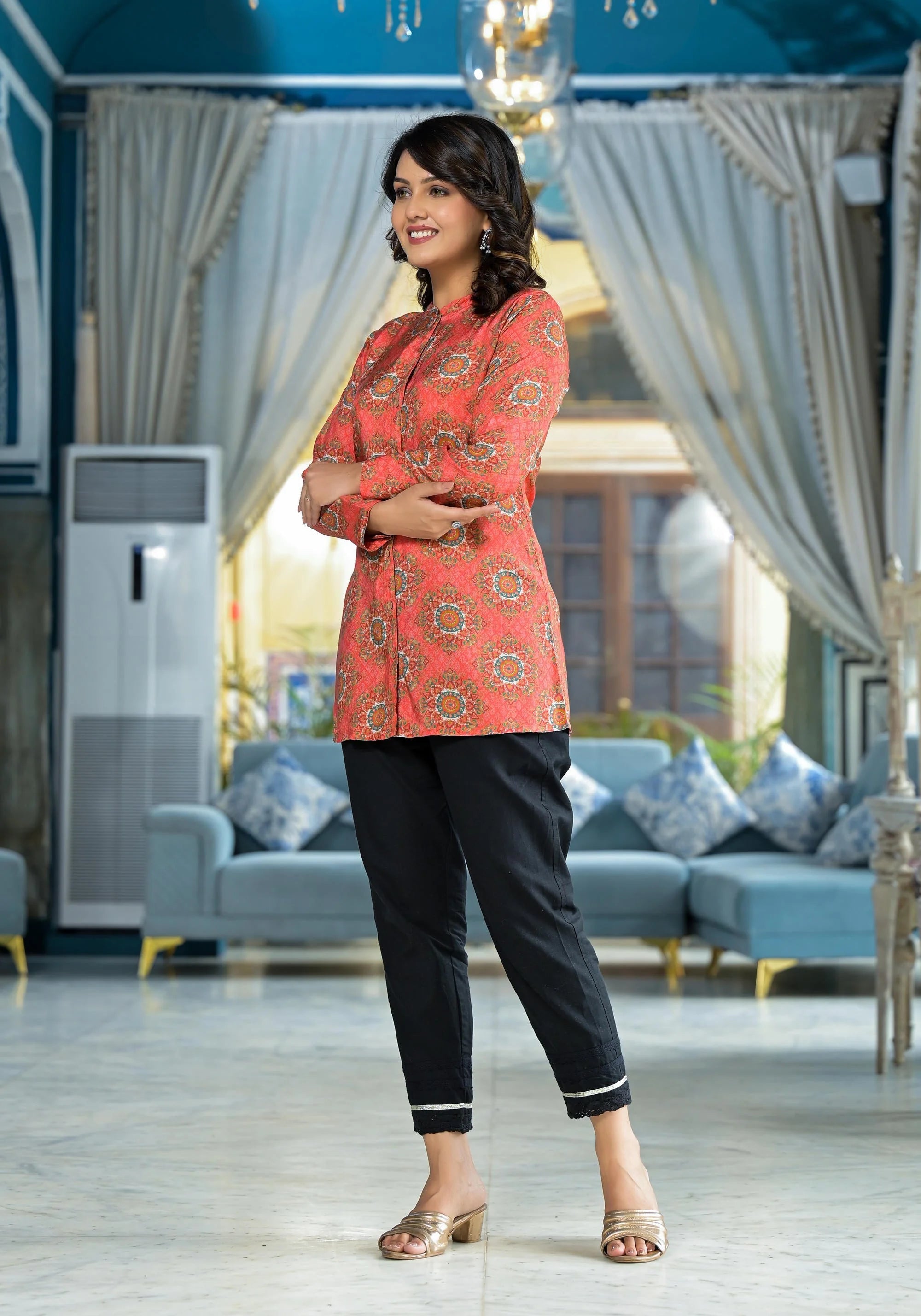 Orange Ethnic Printed Tunic Top - Indian Kurta for Women